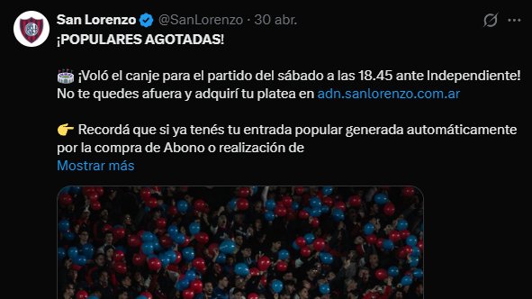 comunidadcuerva's tweet photo. @Ulisesgt18 Populares de #SanLorenzo, solo para socios, agotadas en cualquier dia de la semana y con rivales de cualquier embergadura... sea un clásico con Independiente un Sábado, o un Miercoles con Ctral. Cordoba.

Agradece que te damos bola 👋 https://t.co/kSkT9nS2vo