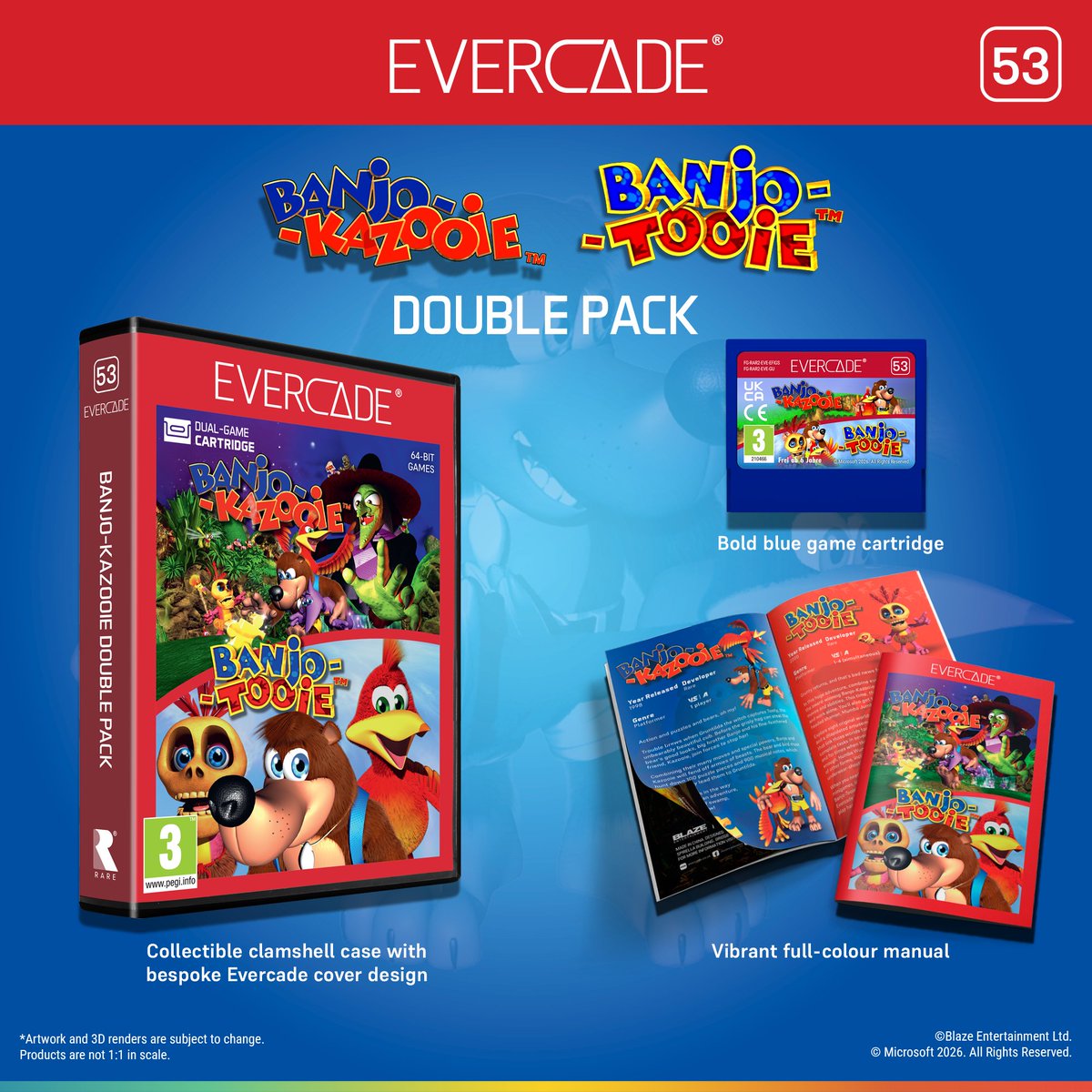 evercaderetro's tweet photo. Two huge adventures. One physical cartridge.

The BANJO-KAZOOIE Double Pack includes:

🧩 BANJO-KAZOOIE
🪶 BANJO-TOOIE
📖 Full-colour manual
💾 Cartridge-based save data

Available October 30th for £24.99 / $29.99 / €29.99.
https://t.co/1k62T0ZR4C https://t.co/J1FSsta0JE