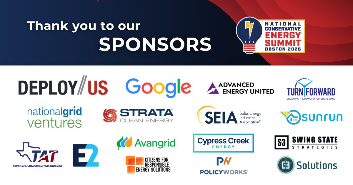 ConsEnergyNet's tweet photo. 🥰 A big thank you to all of our #NCES2026 sponsors!

Your partnership helped make this year's National Conservative Energy Summit a success, and we're so grateful for your support.

See you next year! 🇺🇸 https://t.co/NbRobxTQnN