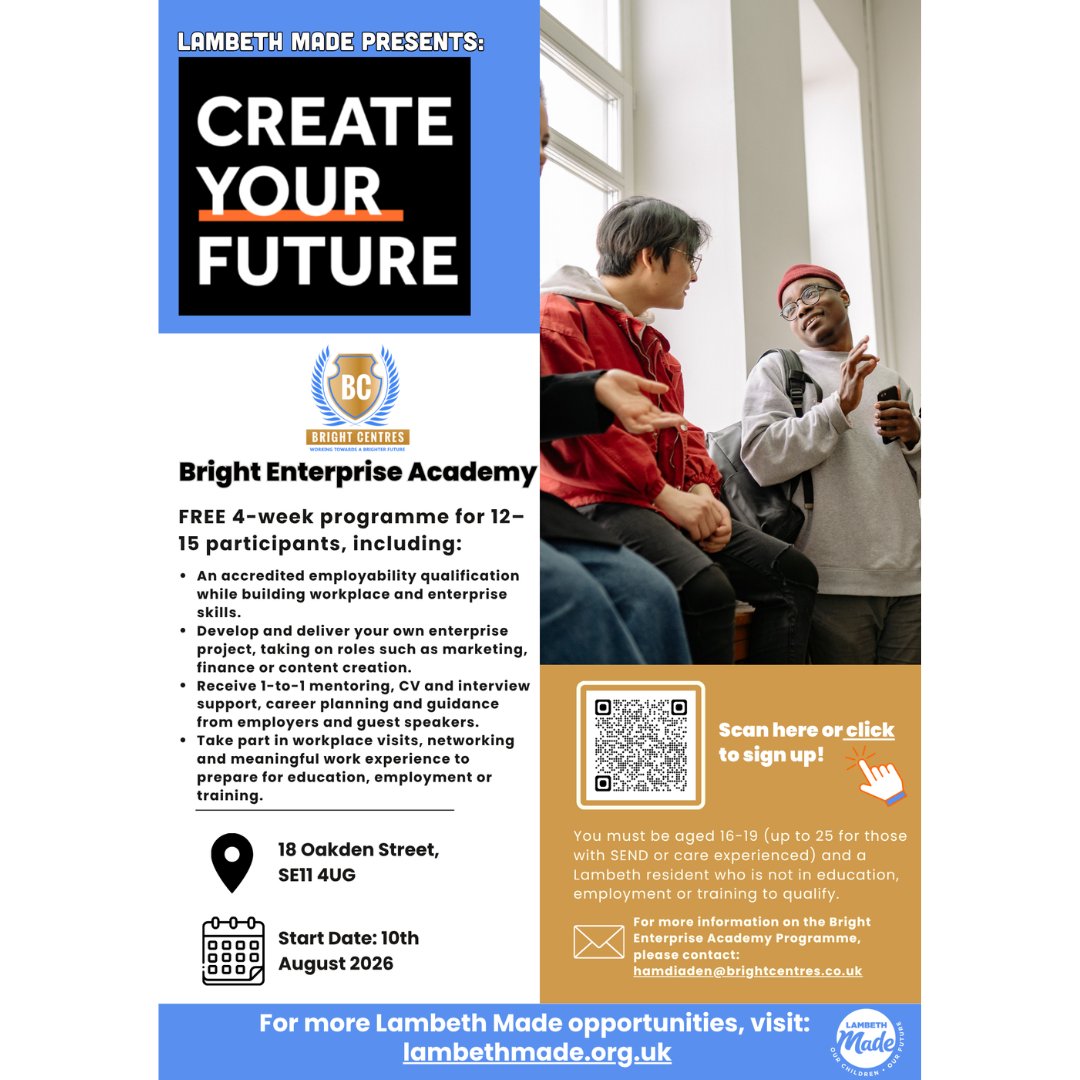 LambethMade's tweet photo. Got a business idea? π‘
Join @Brightcentres FREE Bright Enterprise Academy to build enterprise skills, gain an accredited qualification and receive mentoring.
π
Starts 10 Aug | β³ Limited spaces!
π Apply: https://t.co/FZFdIJ5i4j
#CreateYourFuture https://t.co/FMs2jI9H1u