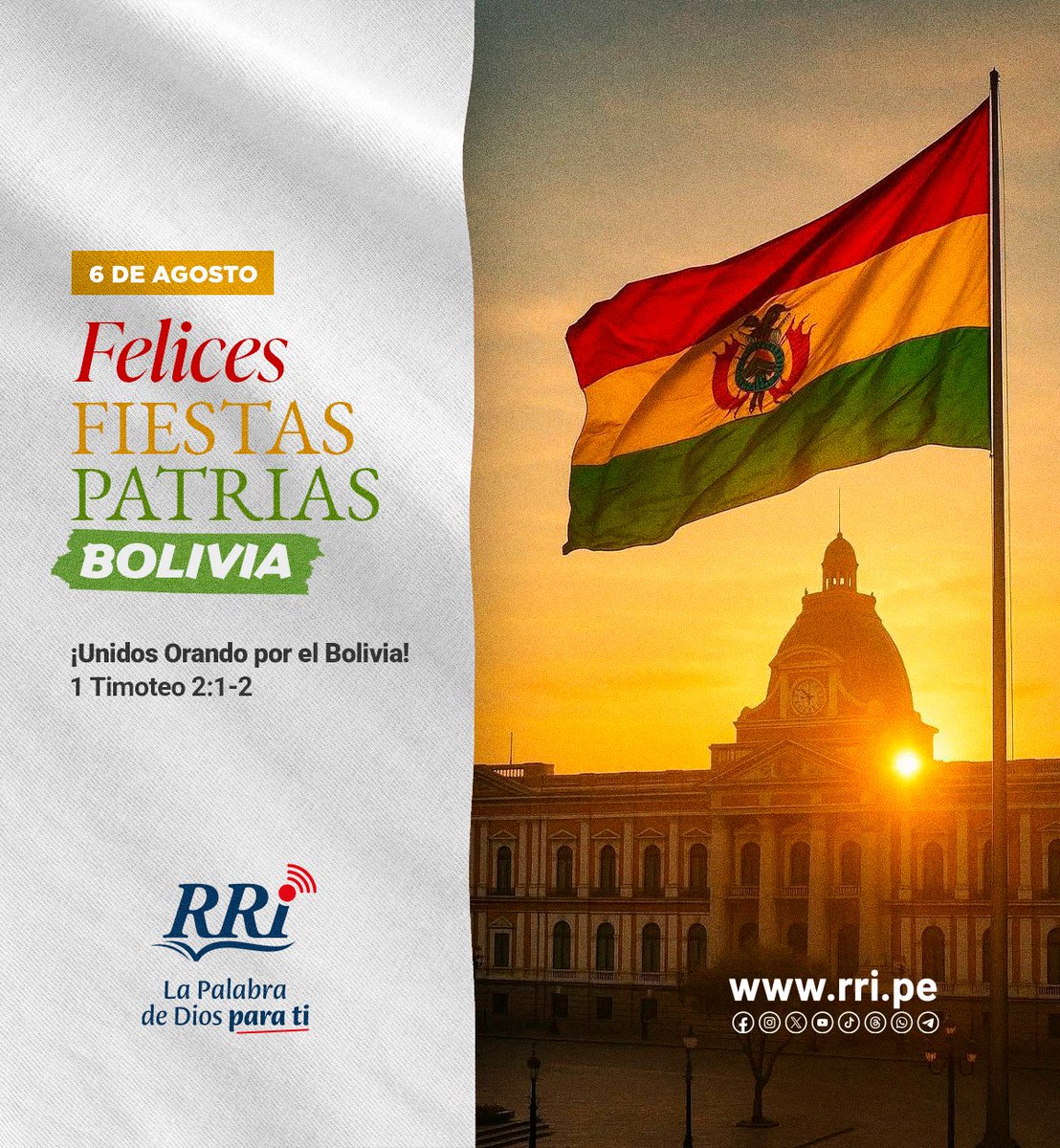 RRI_emisora's tweet photo. 🎉 ¡FELIZ DÍA BOLIVIA! 🇧🇴
RRI les desea un #FelizAniversario #FelicesFiestasPatrias 🇧🇴 🎉
Orando y confiando en la soberanía de nuestro Dios, animamos a nuestros hermanos a seguir esforzadamente cumpliendo la gran comisión en esta nación.
--
#FelizDíaBolivia #Bolivia https://t.co/Mo8d1GZtuO