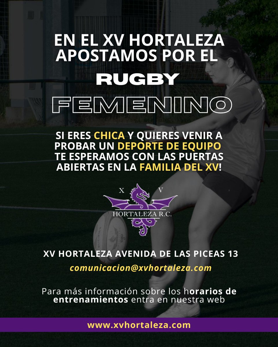 xvhortaleza's tweet photo. El rugby femenino te espera en el XV Hortaleza! 🐉💜 Toda la info sobre entrenamientos y horarios en 📲 https://t.co/Y1VJzdyLUm o escríbenos a comunicacion@xvhortaleza.com. 

XVHortaleza #RugbyFemenino #DeporteFemenino #HortalezaMadrid https://t.co/4kPFMTUYtB
