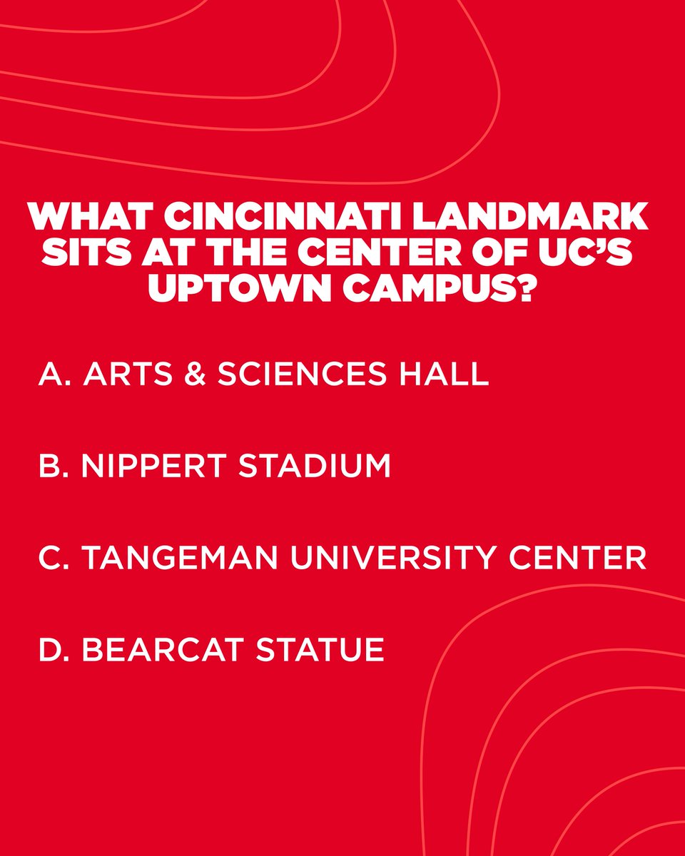 uofcincy's tweet photo. Think you know UC? 👀

Test your Bearcats trivia knowledge, swipe through the questions, and drop your score below.

No pressure, but real Bearcats go 5 for 5. 🐾 https://t.co/XSHeQrnIhU