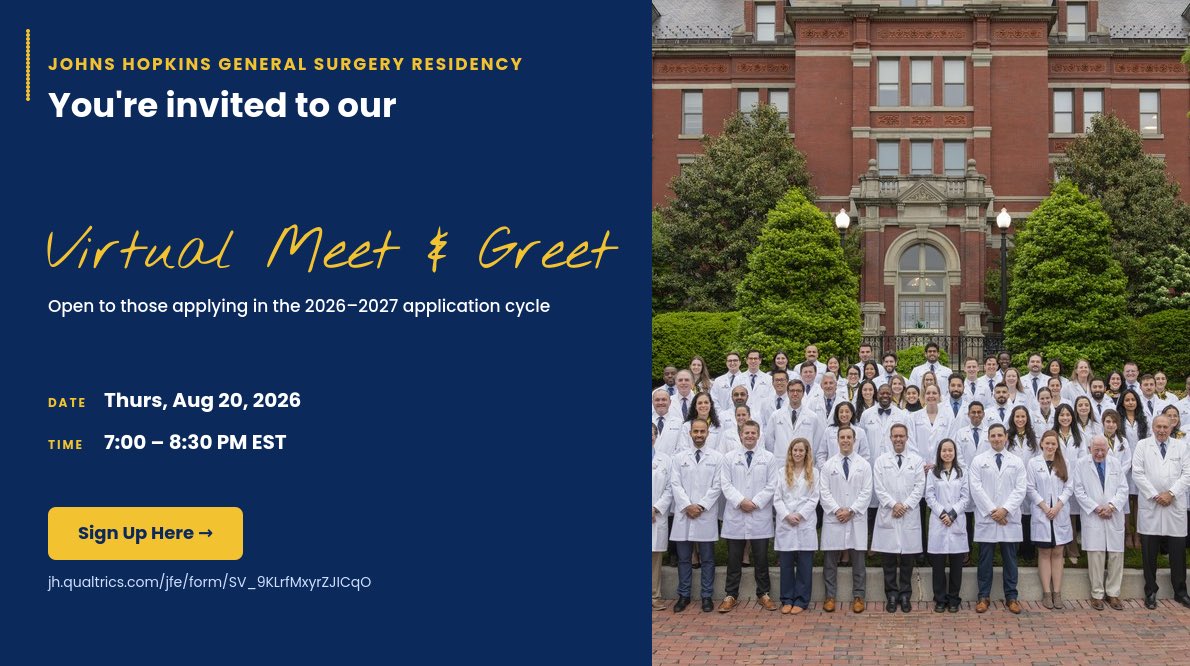 DRDylanRust's tweet photo. General Surgery #MATCH2027 applicants! Join our virtual meet and greet and hear what makes Hopkins Surgical Residency a special place to train. Sign up with the link below!
@lilahfran @elliotthaut @AndrewMCameron @JMigaly @hopkinssurgery 
https://t.co/63SACnN8Ki https://t.co/RIGtC6m2nt