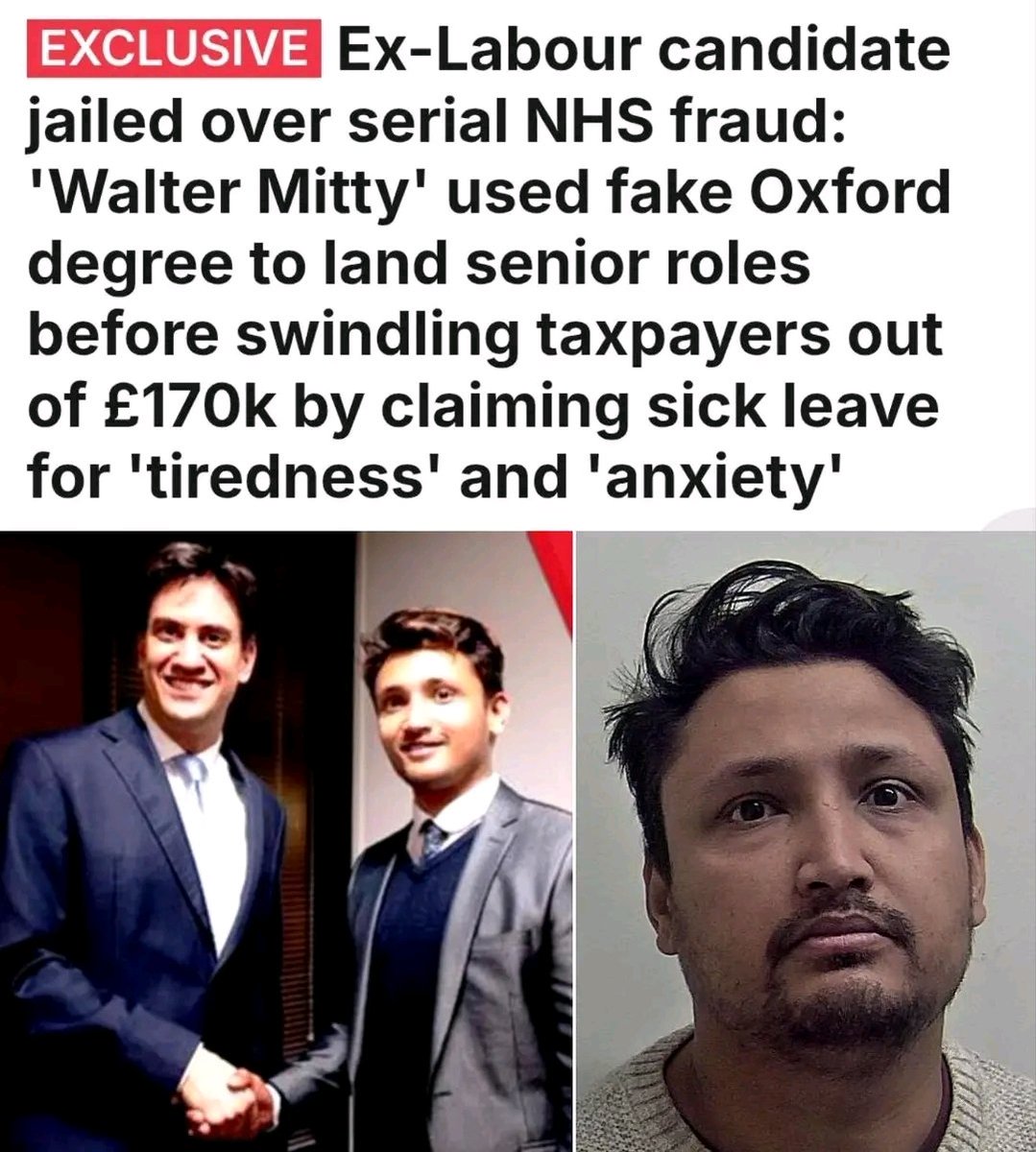 FreyjaBakke's tweet photo. A former Labour parliamentary candidate has been jailed for four years after using a fake Oxford degree to land more than a dozen senior NHS roles – before going on sick leave to avoid doing the jobs.

Amran Hussain, 40, was Labour's candidate for North East Hampshire in the 2015 general election before embarking on an eight-year campaign of fraud that cost the taxpayer £168,000.

Using fake certificates and fictitious references, he fabricated degrees from the universities of Oxford, Harvard and Birkbeck to blag his way into 13 senior NHS roles across the country, including some with salaries of more than £78,000-a-year.
.

Hussain took an astonishing 1,332 sick days (70 per cent of his days employed) by claiming he had a litany of illnesses, including post Covid-19 syndrome, tiredness, anxiety, depression, low mood, headaches, neck pain, pelvic pain, vertigo, headaches and dizziness and migraines. 

His deception finally unravelled in 2021, when Devon Partnership NHS Trust offered him a £90,000-a-year role as deputy chief operating officer and carried out checks on his application – discovering no record of his claimed job at Coventry and Warwickshire Partnership NHS Tr

During this time, he applied for 2,071 NHS jobs, with his 13 fraudulent roles costing the British taxpayer £168,072.41.

Out of a total of 1,902 days employed, Hussain took 1,332 days off sick – the equivalent of three years and nearly eight months. 

Two of his roles were NHS band 8D, where his salary would have been more than £78,000-a-year at the time of his employment (they are more than £100k today). 

The most experienced role he blagged his way into was as the head of outpatient pathway redesign for University Hospitals Dorset NHS Foundation Trust. 

After signing his contract, he worked just one shift from the 116 days he was employed, claiming 115 days of sick leave.

How he was able to repeatedly pass reference checks and go undetected for so many years remains a mystery. 

Hussain's fraud was finally exposed after Devon Partnership NHS Trust offered him a deputy chief operating officer role in 2021 and carried out checks on his application.

He had claimed to be the director of transformation and improvement at Coventry and Warwickshire Partnership NHS Trust. But the NHS found no record of his employment and they later discovered he had never worked there.

They subsequently discovered he had tricked his way into 13 different NHS roles.

Despite getting hired for several high-income NHS roles over eight years, it's understood Hussain's fraud only amounted to £168,000 because he would often be on sick leave and therefore not receive his full yearly salaries.

Hussain was also found to have fraudulently secured jobs outside of the NHS, including at NottinghamCityCare Partnership and Kent County Council.

While out on police bail, Hussain was elected as a councillor for Crockham Hill, a ward within Westerham Town Council, in the 2023 elections.

A retired Westerham councillor and neighbour told the Mail: 'He became a Westerham councillor. Somebody said I should talk to him because he had so many great ideas and he tried to contact me once. They said somebody is moving up near you and he's getting onto the council.

'It's amazing these characters. You just think what? You just never know what's going on.'

The selfie-loving fraudster has also posted pictures alongside the world's fastest sprinter Usain Bolt, who he met while volunteering at the 2014 Commonwealth Games in Glasgow.

Many years earlier, as a schoolboy in 2005, he accused the late Queen Elizabeth II of undermining London's Olympic dream by saying she thought Paris would win the bid to host the 2012 Games over Britain.

The desire to speak to the national media and share selfies with celebrities and politicians

Hussain was sentenced to four years in prison on July 24. He previously admitted three counts of fraud by false representation at Maidstone Crown Court