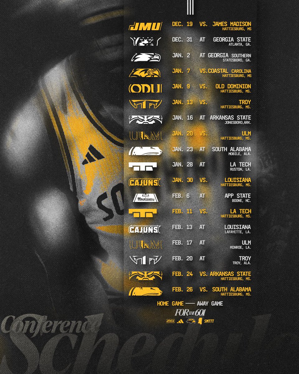 SouthernMissMBB's tweet photo. Put it on the calendar 😏

The '26-27 @SunBelt schedule is here 

🗓️ » https://t.co/fMDmCQ3xNS
🎟️ » https://t.co/plKefdyiFG

#TheGoldenStandard | #SMTTT https://t.co/AAb1tIzaON