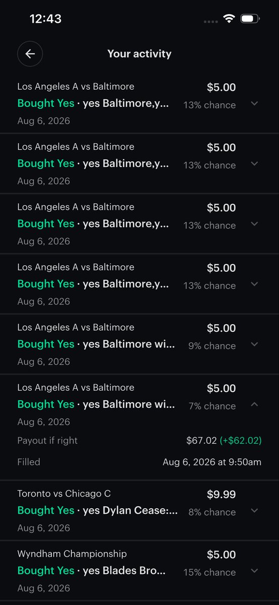 Vanzetti36's tweet photo. @Kalshi  loaded a new update and now they are placing bet that you didnt even place.  I placed a bet for 5 dollars got multiple errors saying “something went wrong” I look at my open positions and they placed the bet multiple times.  Check the time stamps. There’s two more too https://t.co/ylqh8KPbqO