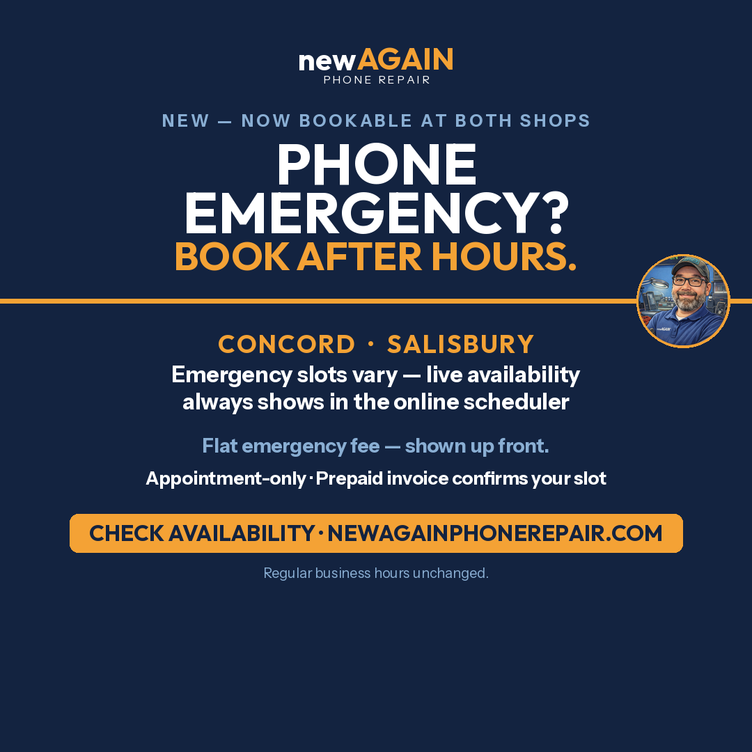 newagainconcord's tweet photo. New at newAGAIN Concord: after-hours emergency appointments, booked online — live availability shows in the scheduler. Flat $50 emergency fee, shown up front. Appointment-only; a prepaid invoice confirms your slot. https://t.co/XNh5UQ98dQ https://t.co/NbcB1s2j7B