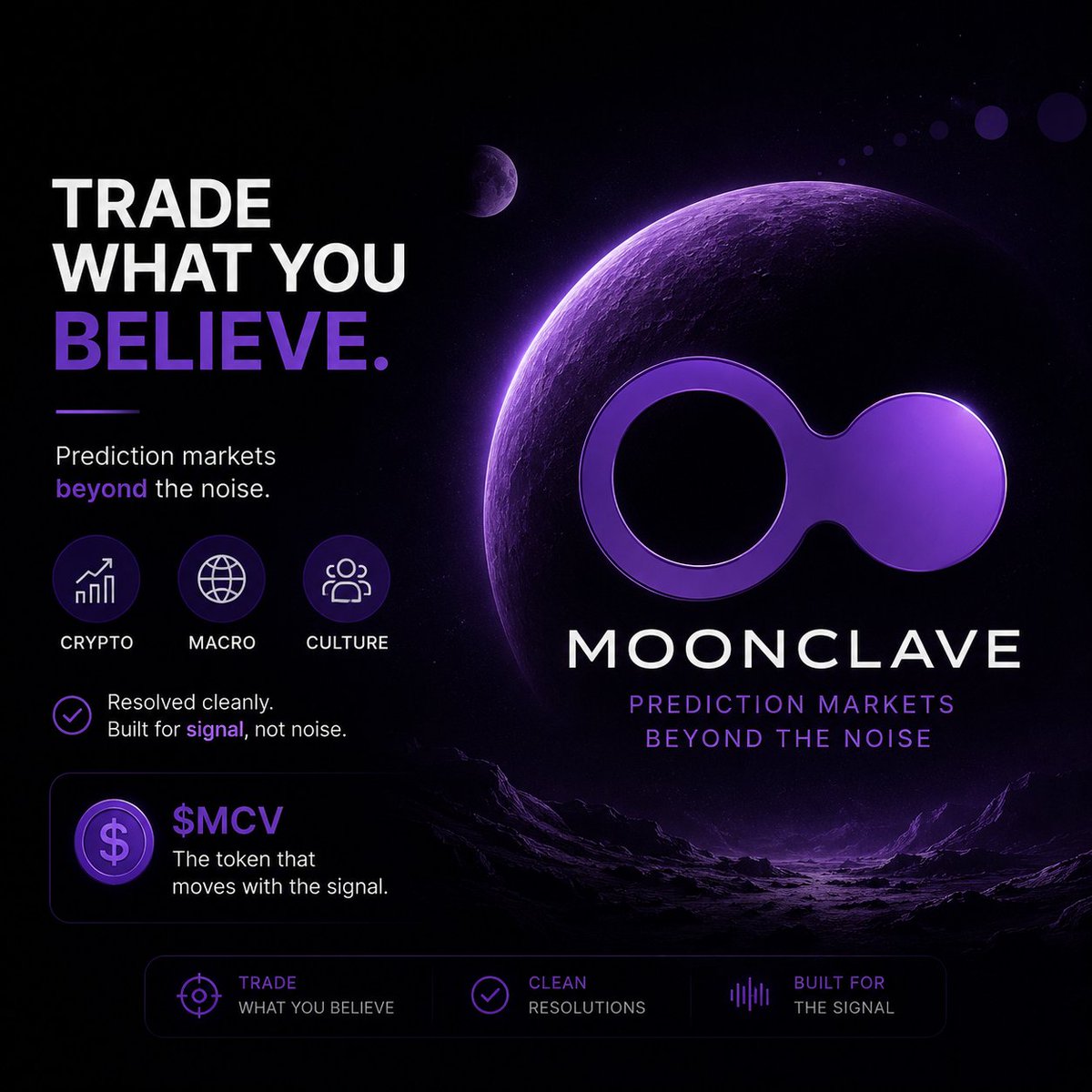 zyro_eth's tweet photo. Trade what you believe.
@themoonclave is designing prediction markets beyond the noise โ crypto, macro, culture, resolved cleanly.
$MCV is the token that moves with the signal.
2026 is going to be interesting.
#MCV #Moonclave #TheMoonclave https://t.co/wDrPk6bFZ7