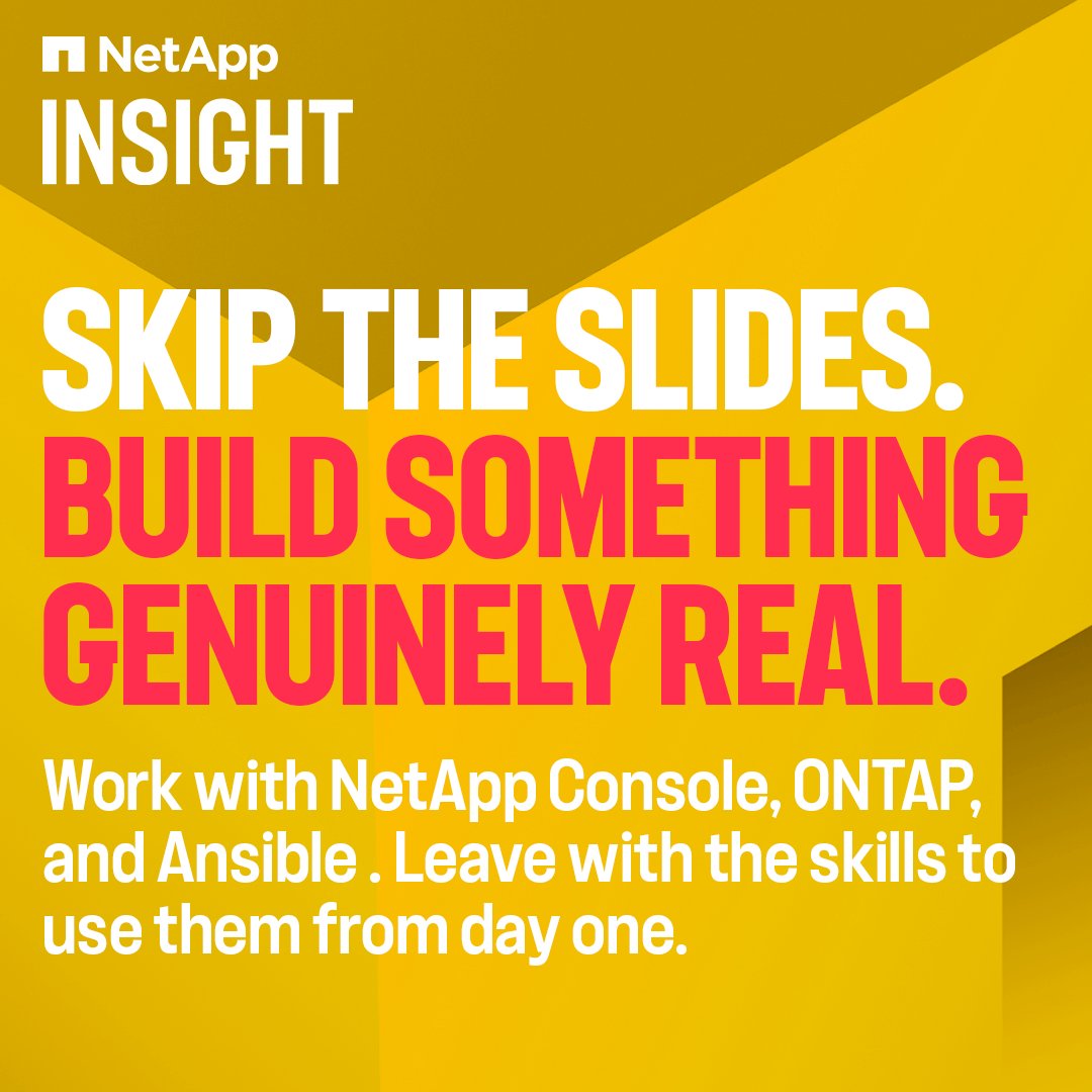 NetAppInsight's tweet photo. Watching a demo teaches you nothing.

At #NetAppINSIGHT, you get your hands on NetApp Console and manage hybrid cloud storage yourself. No slides. No theory.

Come build. Come learn. Come ready. Register today: https://t.co/eNEua2Ens1 https://t.co/euUXhComfs
