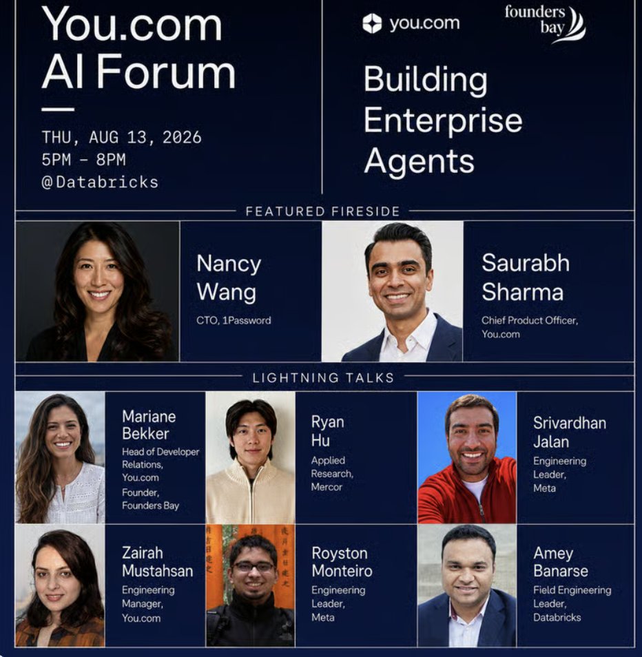 youdotcom's tweet photo. In one week (8/13) We're hosting the @youdotcom AI Forum at @Databricks in SF full of people who build AI.

Join us if you're interested in talking through systems that break in production and the model lock-in nobody admits to.

Approval-required. Request to join 🛠️ https://t.co/OMKxvFUZNQ