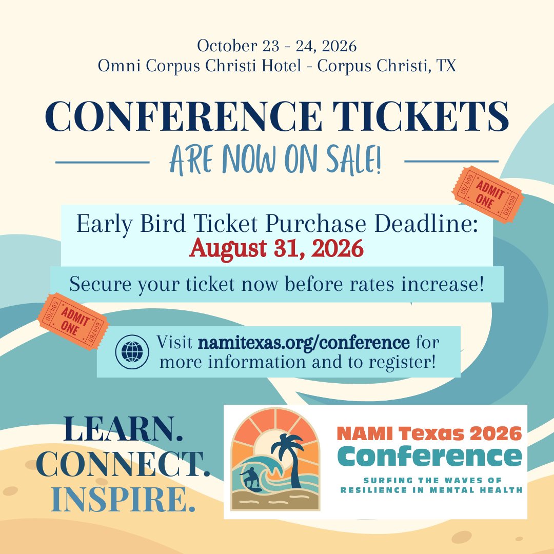 NAMITexas's tweet photo. ⏰ Don't miss Early Bird pricing!

Register by August 31 to save on your ticket to the NAMI Texas 2026 Annual Conference &amp; Awards Celebration. 🌊

Join us October 23–24 in Corpus Christi for two days of learning, connection, and inspiration.

🎟️ Register: https://t.co/29nGHPDwRK https://t.co/9e4OvVduOd