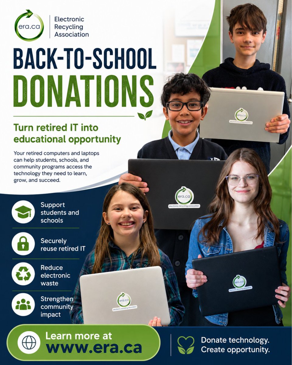 DonateRecycleIT's tweet photo. Turn Retired IT into Educational Opportunity This Back-to-School Season!

Old laptops and computers may no longer meet your organization’s needs, but they can still make a meaningful difference for students, schools, charities, and community programs.

The ERA helps organizations securely manage retired technology through:

- Secure data wiping and hard-drive destruction
- Refurbishment and technology donations
- Responsible electronics recycling
- Asset tracking, certificates, and reporting

By choosing reuse before recycling, businesses can reduce electronic waste, support digital inclusion, and strengthen their sustainability and corporate responsibility initiatives.

Learn more: https://t.co/WVCD3RWTfs

#BackToSchool #TechnologyDonation #DigitalInclusion #ElectronicsRecycling #EWaste #DataSecurity #ITAssetDisposition #CorporateSocialResponsibility #Sustainability #ERA
