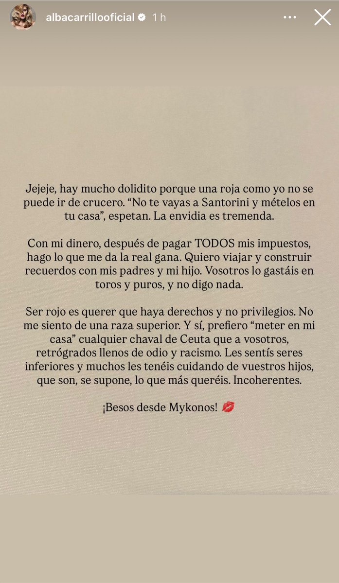 soofrito's tweet photo. 🚨 Alba Carrillo contra los que la llaman “roja”:

“Prefiero meter en mi casa a un chaval de Ceuta que a vosotros, que gastáis el tiempo en toros y puros” https://t.co/bONAdDAhac