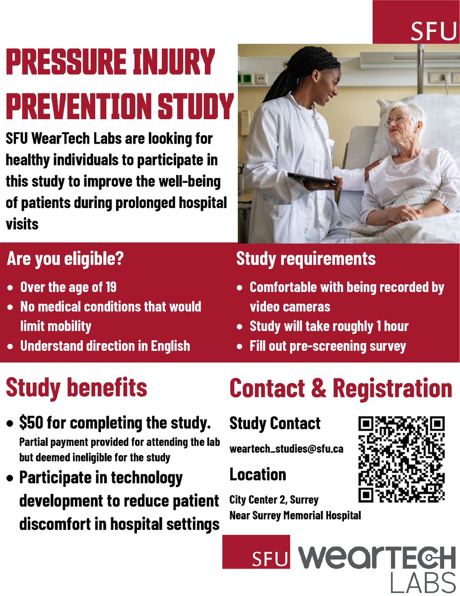 weartechlabs's tweet photo. Are you over 19, comfortable being recorded on camera, and free for about an hour?

Simon Fraser University's WearTech Labs is recruiting participants for a Pressure Injury Prevention Study to help develop technology to improve patient comfort during prolonged hospital stays.

Participation involves a pre-screening survey and one ~1-hour visit to our lab in Surrey. You will receive a $50 honorarium upon completion (partial honorarium applies if you attend but are found ineligible).

If you are interested, please reach out to weartech_studies@sfu.ca or visit https://t.co/oyVHlAnyDl