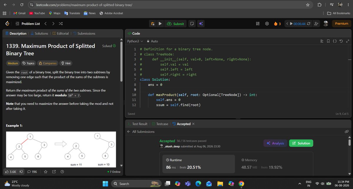 _deep_star's tweet photo. Hello All, I completed #Day947 of #365DaysofCode Challenge with @scaler_official
Question: Maximum Product of Splitted Binary Tree
discord link: https://t.co/KZjzYqsRFf
#letsconnect #potd #scalerdiscordcommunity #codewithscaler #365daysofcodescaler #365DaysofCode https://t.co/Hbbf1PeLWS