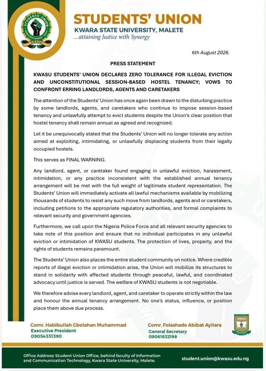 habibullahmg's tweet photo. KWASU STUDENTS’ UNION DECLARES ZERO TOLERANCE FOR ILLEGAL EVICTION AND UNCONSTITUTIONAL SESSION-BASED HOSTEL TENANCY; VOWS TO CONFRONT ERRING LANDLORDS, AGENTS, AND CARETAKERS

For issues relating to hostel eviction, kindly contact:

Comr. Habibullah – 09054331390 https://t.co/QnZQhkmwjH
