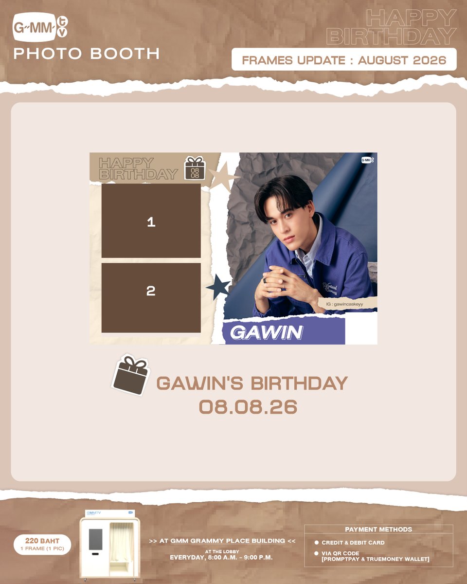 GmmtvShop's tweet photo. พรุ่งนี้วันเกิดกวิน แวะมาถ่าย Photo Booth วันเกิดกันได้น้า
Tomorrow is Gawin’s birthday. Feel free to drop by for a photo at his photo booth. 📸

📍GMMTV PHOTO BOOTH
At the lobby, GMM Grammy Place Building.
Everyday, 8:00 a.m. - 9:00 p.m.

@gawincaskey
#GMMTVPhotoBooth
#GMMTV https://t.co/w49Msg9Vmj