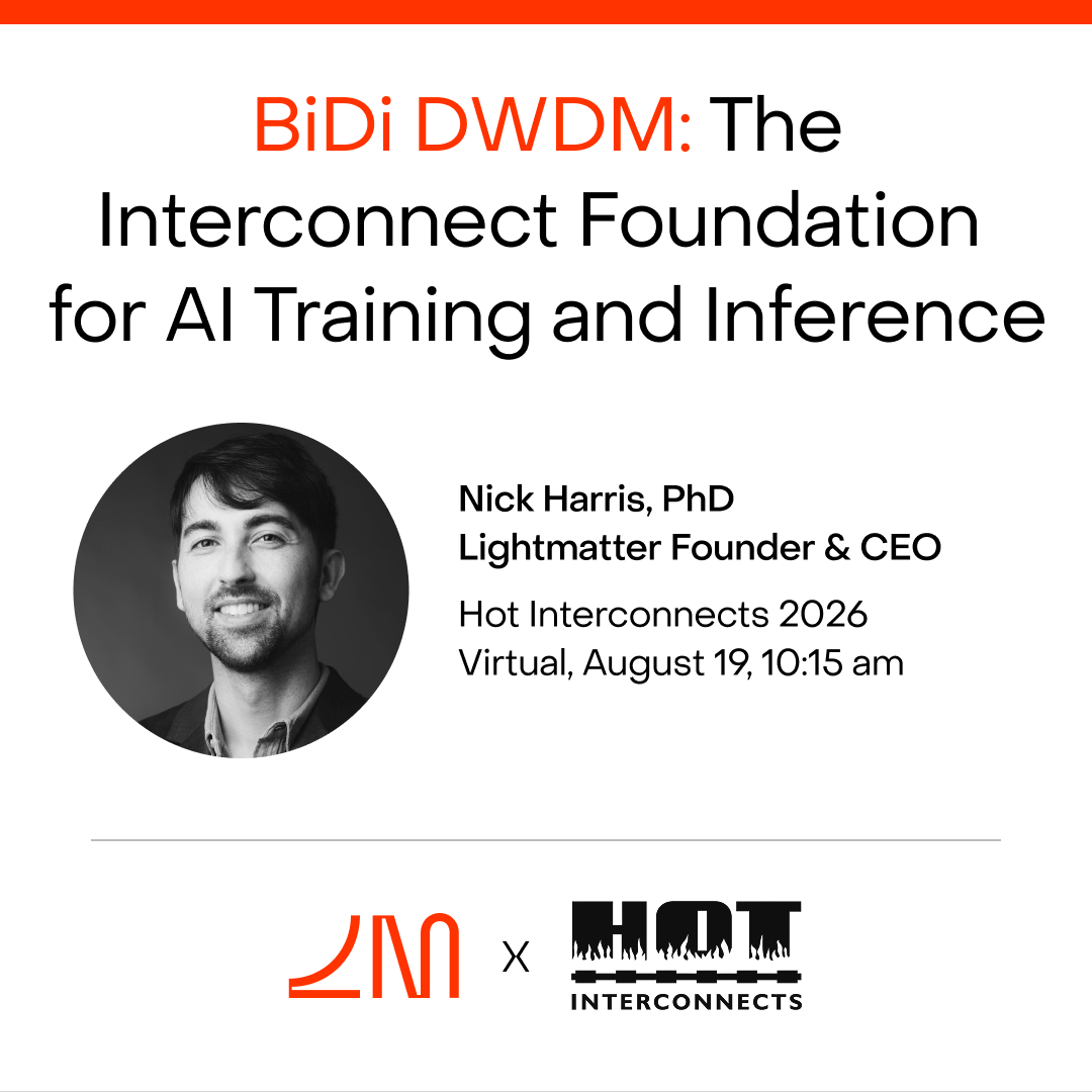 LightmatterCo's tweet photo. Compute scaled 1,000,000x in 30 years. Interconnect bandwidth 1,000x. That 10,000x gap is the AI bottleneck.

Inference consumes orders of magnitude more tokens globally on a daily basis: bandwidth, radix, hop count set the performance ceiling.

Frontier AI requires a silicon roadmap from NPO to CPO to 3D photonic interposer, BiDi DWDM links, enabled by VLSP laser.

Don’t miss @theanalognick sharing these insights at Hot Interconnects 
(@IEEEHOTI). https://t.co/zDJz9P2hlI