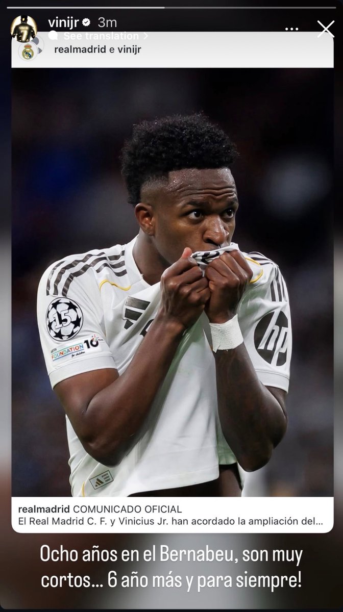 MadridXtra's tweet photo. 🚨📲  Vinicius on IG: “Eight years at the Bernabeu are too short... 6 more years and forever!” 🤍🤍🤍 https://t.co/7q7hT5yqys