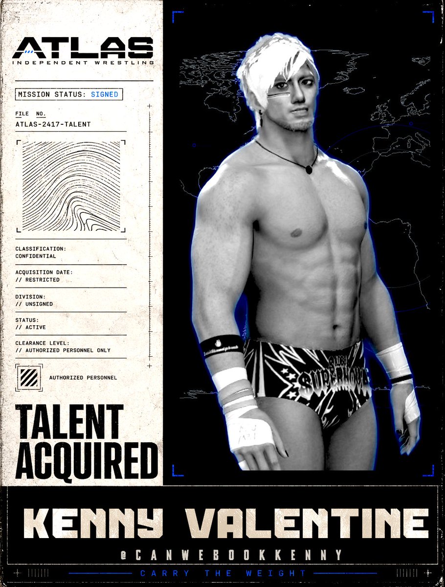 AtlasWres's tweet photo. //MISSION STATUS: SIGNED

The question has been answered.

IDENTITY: KENNY VALENTINE
AFFILIATION: @CANWEBOOKKENNY
CLEARANCE: ACTIVE
DESTINATION: ATLAS

Can we book Kenny?
We just did.

KENNY VALENTINE has entered ATLAS.

CARRY THE WEIGHT. https://t.co/dCrAxdSnGW