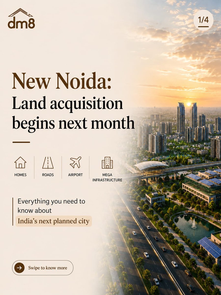dm8india's tweet photo. New Noida is moving from plans to reality.

Land acquisition is set to begin next month, marking a major step toward the development of the new industrial and employment hub in NCR.

A new chapter in Noida’s expansion is taking shape. 🏗️

#NewNoida #DelhiNCR #InfraNews #DNGIR https://t.co/cBnYkpva25