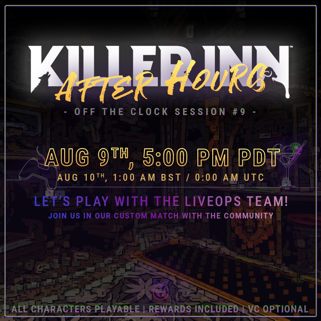 playkillerinn's tweet photo. 🍷KILLER INN After Hours #9 is happening this weekend!

Jump into custom matches with the LiveOp team as we try out all the new Patch 0.9.5 features! 

Whether you're a veteran or new to the Inn, everyone is welcome! 👻✨  
👀 (Hint: Get ready, because After Hours might just become a weekly thing!)  

📅 Aug 9, 5PM PDT / 8PM EDT | Aug 10, 9AM JST 
📍 Custom Lobbies (In-game) 

🔗Check out our official discord for more infomation:
https://t.co/o3KjlIJouP

See you at the Inn! 🎮

#KILLERINN #Afterhours