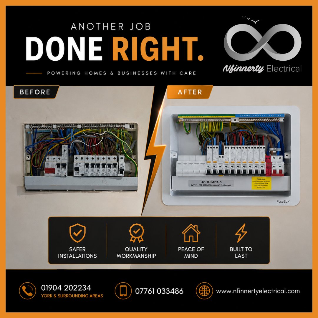 NfinnertyElec's tweet photo. It's often the small details that make the biggest difference.
We take pride in every installation, whether it's a minor repair or a full electrical project.
โก Powering Homes & Businesses With Care.
#Electrician #York #QualityWorkmanship https://t.co/R1xH5vfuug