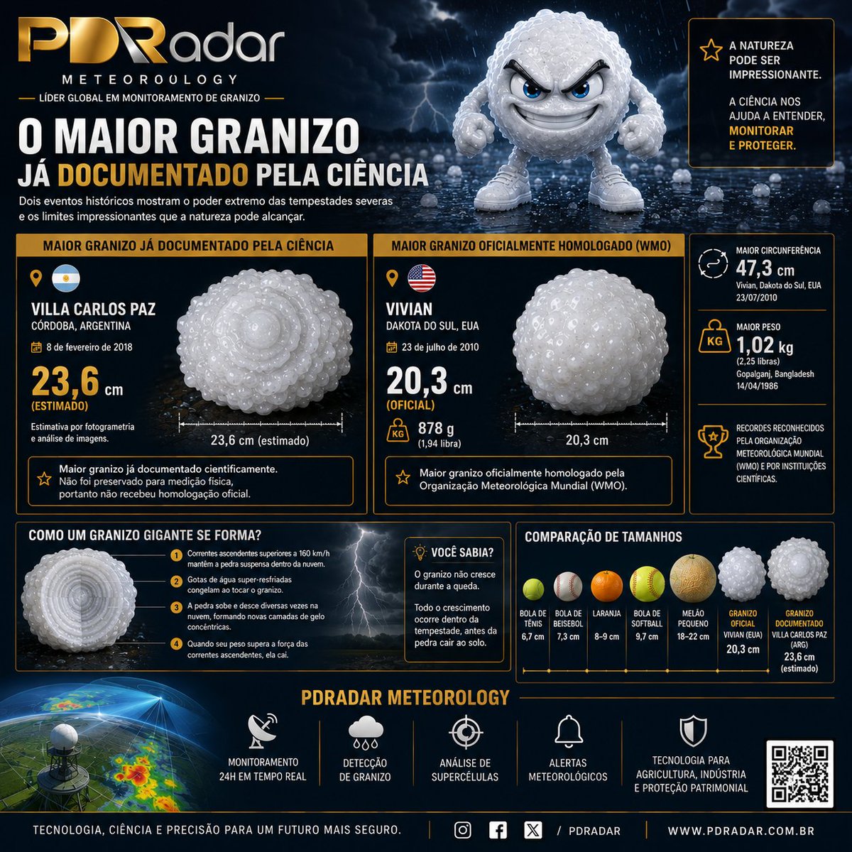 radar_pd's tweet photo. O maior granizo já documentado pela ciência: um gigante de 23,6 cm!

Você sabia que o maior granizo já documentado cientificamente foi registrado em Villa Carlos Paz, Córdoba, Argentina, durante uma tempestade severa em 8 de fevereiro de 2018. https://t.co/jSz31bEikE