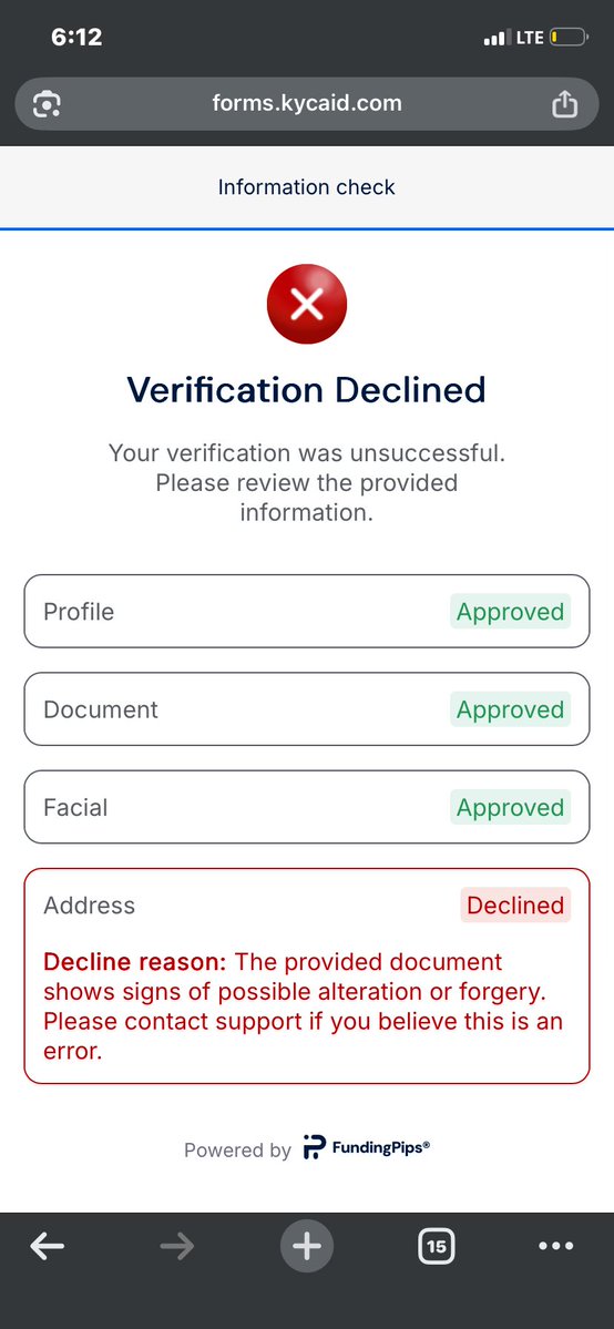 Jayzuki101's tweet photo. @Khldfx I need help with a KYC issue. I passed Phase 1 &amp; 2 and my ID/liveness were approved. My proof of address was rejected because I submitted our Household utility bill. I was flagged impersonation, but I can provide any proof needed. Please review my case. 
@fundingpips https://t.co/e6dlEHRo8Z