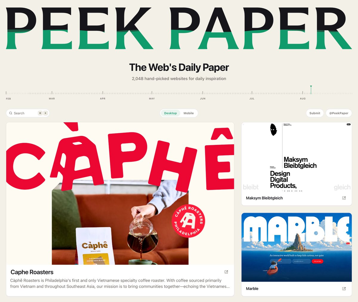 peekpaper's tweet photo. 🚀 Peek Paper — Thursday, 6 August 2026

✅ 2,048 hand-picked websites for daily inspiration
👉 https://t.co/MizciwW3kl https://t.co/dIZdnGTSKa