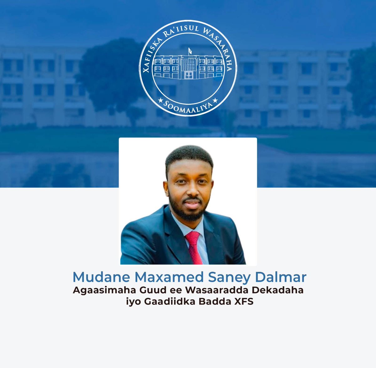 SONNALIVE's tweet photo. Prime Minister Hamza Abdi Barre @HamzaAbdiBarre has appointed three directors general in a reshuffle across government ministries, made under Article 119(d) of the Provisional Constitution.
Dr. Mohamed Saney Dalmar was appointed Director General of the Ministry of Ports and Marine Transport, Ahmed Yusuf Abdulle Director General of the Ministry of Energy and Water Resources, and Abdullahi Hassan Adan Director General of the Ministry of Labour and Social Affairs. The Prime Minister instructed them to carry out their duties transparently and to press forward with the work of the ministries they have been given.
@SomaliPM #Somalia