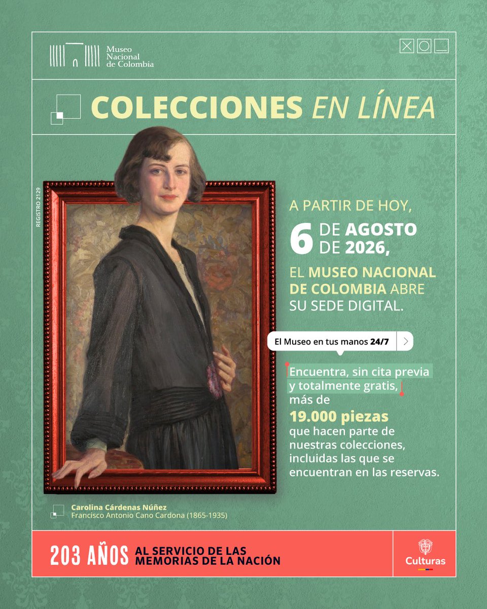 museonacionalco's tweet photo. Desde hoy, el Museo Nacional de Colombia abre su sede digital: ‘Colecciones en línea’.

Gratis y sin cita, explora +19.000 piezas de nuestro patrimonio, incluidas obras inéditas. El Museo en tus manos, 24/7 

Visita aquí 👉🏻🔗 https://t.co/TlDG1HO8qW https://t.co/4g1qBlSDUl
