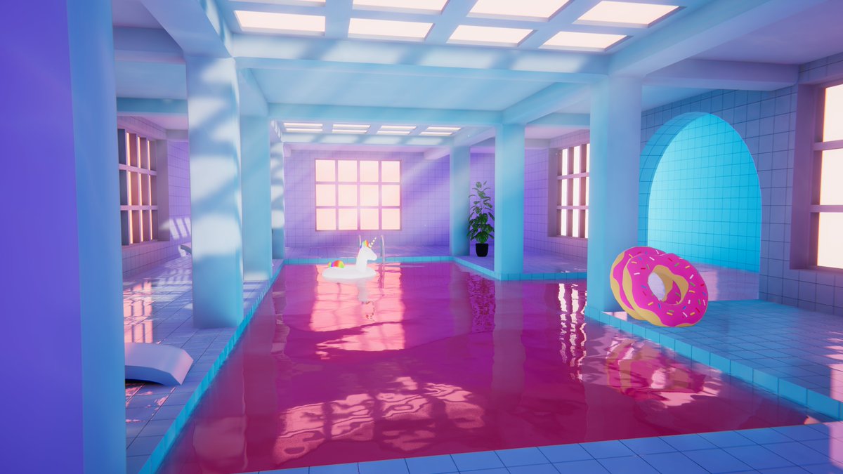 kadeko_dev's tweet photo. I made a small update to Vaporwave Poolrooms:
+ Separated Water's hue shift.
+ Added Light Shaft coming from the ceiling. This can  be disabled through Particles option.
+ Improved VRC Light Volume's lighting by increasing exposure. Avatars should look natural now.
+ Added ##### https://t.co/Iwk7Vw0IBS