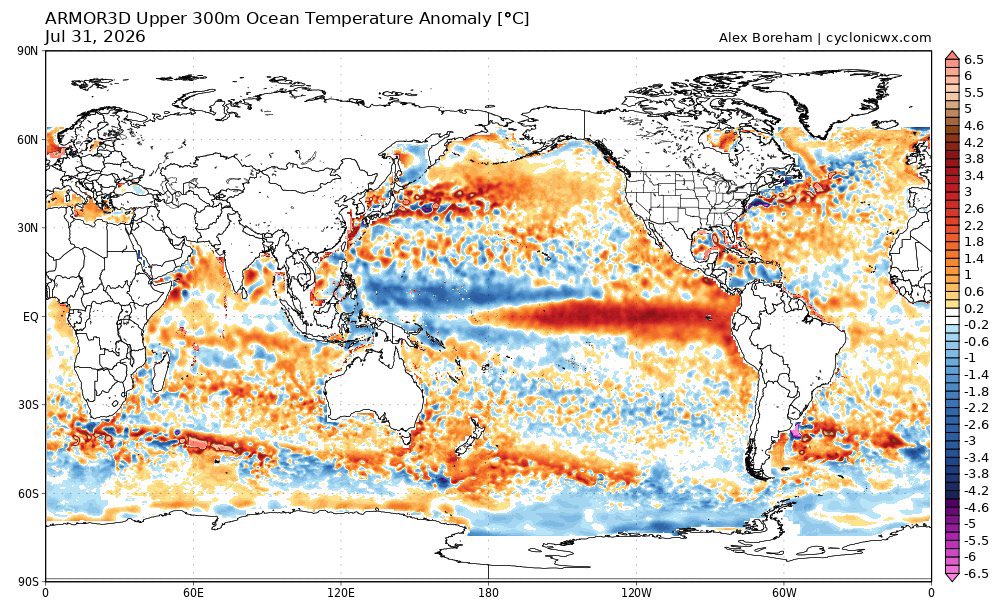 Stormteen1's tweet photo. I would definitely watch the cold subsurface temperature anomalies near the equator that are emerging. This may have implications on what’s to come after the El Niño. Will last through late spring, but may quickly transition into a strong La Niña summer 2027. #wxtwitter #ElNiño https://t.co/mfQu07Tdru