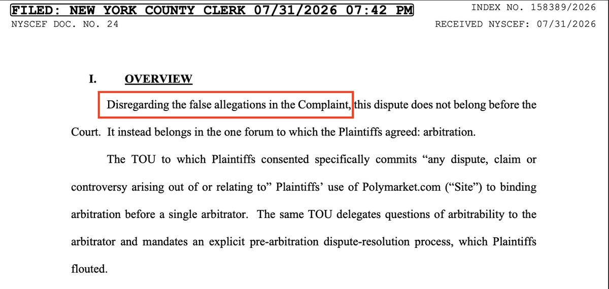 willo2_Poly's tweet photo. POLYMARKET’S LEGAL RESPONSE

I sued Polymarket after they changed the rules on the “MSTR sells Bitcoin” market, scamming me for $500K.

They just filed a 24 page motion in court, attempting to dismiss my case. THIS is how they treat their users. 🧵 https://t.co/ly01JKWqtg