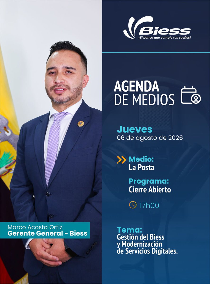 BiessEcuador's tweet photo. #BiessEnMedios Sintoniza la entrevista de nuestro Gerente General, Marco Acosta, donde brindará detalles de la gestión que realiza el BIESS.

⏰: 17h00
📹: La Posta https://t.co/pc9je3R8DL