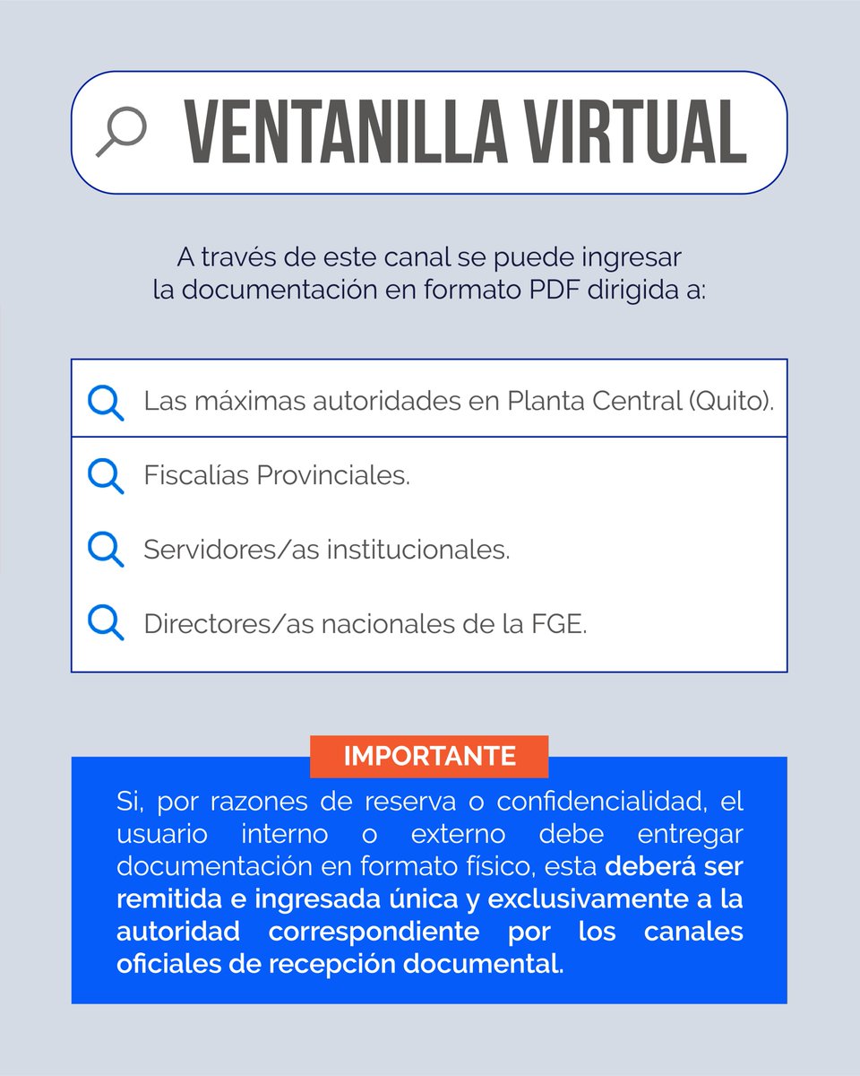 FiscaliaEcuador's tweet photo. La #VentanillaVirtual es un canal habilitado por #FiscalíaEc para que los usuarios remitan oficios y comunicaciones en formato PDF a la dirección electrónica asignada en cada provincia.
Requisitos y direcciones 🔽
https://t.co/QwNSdNCGNN https://t.co/T2MTGRByLe