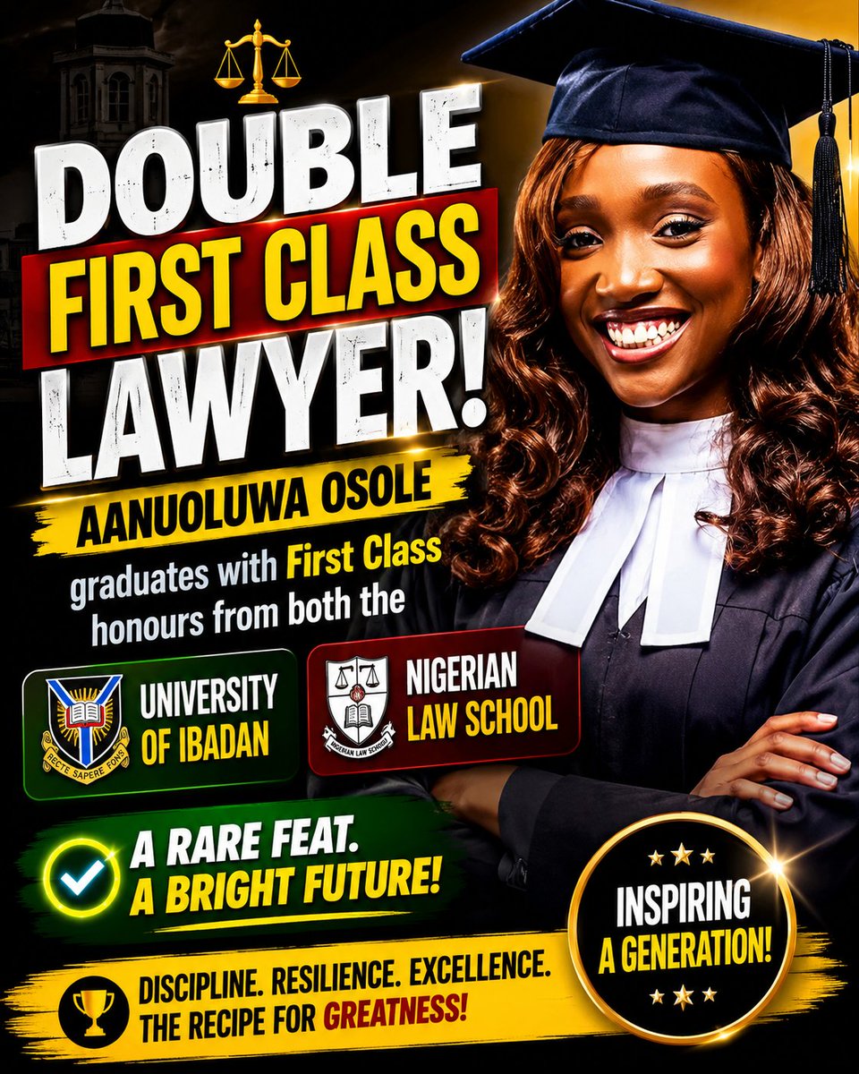 NGAcrossborders's tweet photo. 🎓⚖️ Excellence Worth Celebrating!
Aanuoluwa Osole has achieved an extraordinary academic feat, graduating with First Class honours from both the University of Ibadan and the Nigerian Law School, earning the rare distinction of being a double first-class lawyer. 👏🏾
She began her legal journey at the University of Ibadan in 2018, and through years of discipline, resilience, and unwavering commitment to excellence, she emerged with outstanding results at both stages of her legal education.
Her inspiring achievement is a powerful reminder that hard work, consistency, and perseverance can open the door to exceptional success, even in one of the most demanding professions.
Congratulations, Aanuoluwa Osole! Wishing you even greater achievements ahead. 🌟⚖️
#Excellence #Education #FirstClass #DoubleFirstClass #Law #FutureLawyer #AcademicExcellence #UniversityOfIbadan #NigerianLawSchool #Inspiration #Success #NaijaAcrossBorders