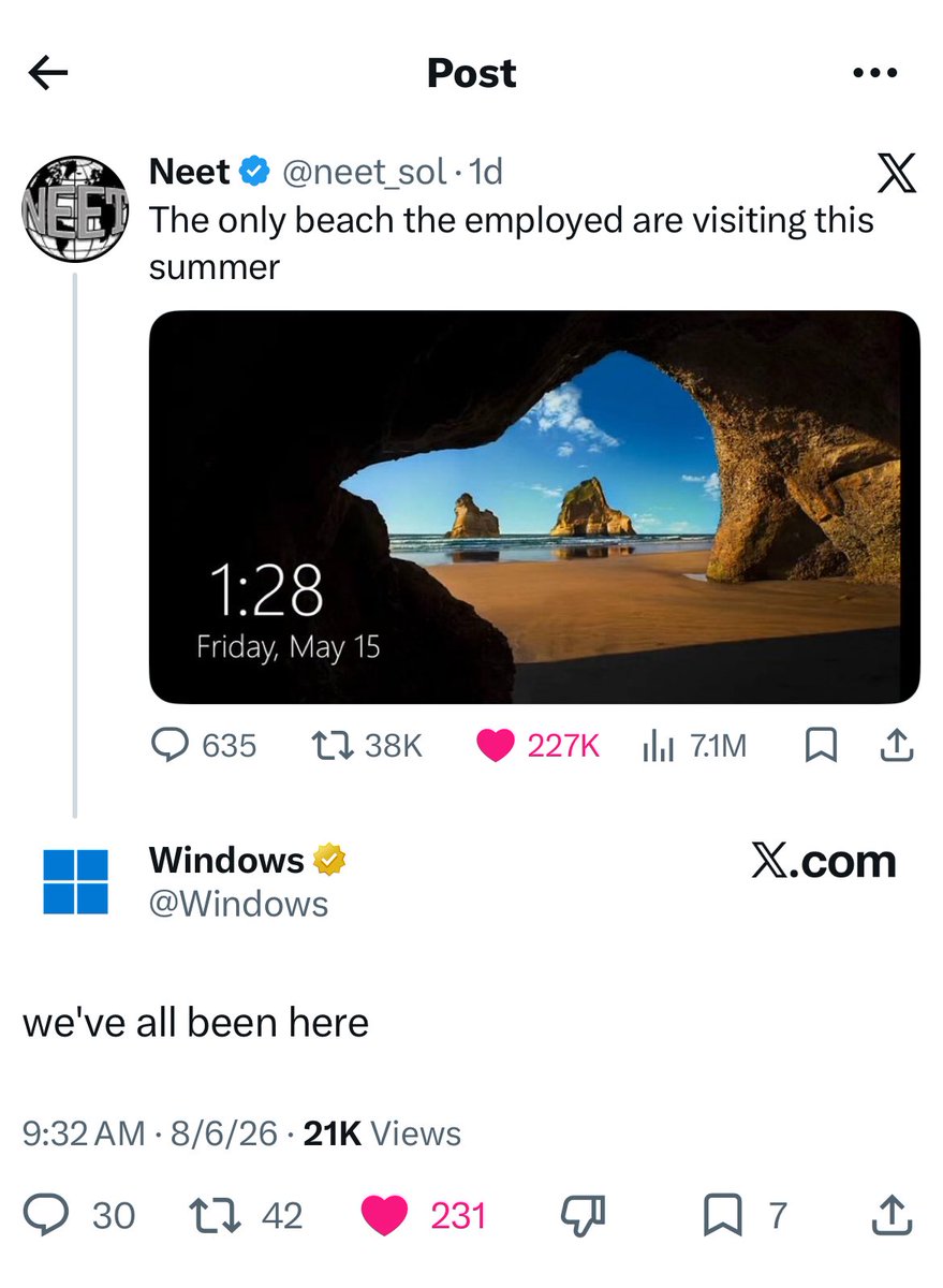 sawoou's tweet photo. Microsoft Windows replied to a memecoin post, that racked up 7.1 million views. this is not the first case, neet has pulled millions of impressions over the last 15 months.

everyone wants to talk abt how well cate is onboarding, but obviously something is being very overlooked