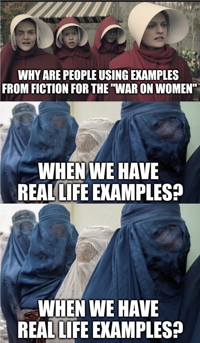 Sassafrass_84's tweet photo. Can somebody please explain to me like I am 5 why women are voting for sharia when they cried about the handmaids tale?! https://t.co/HHm77yC1NA