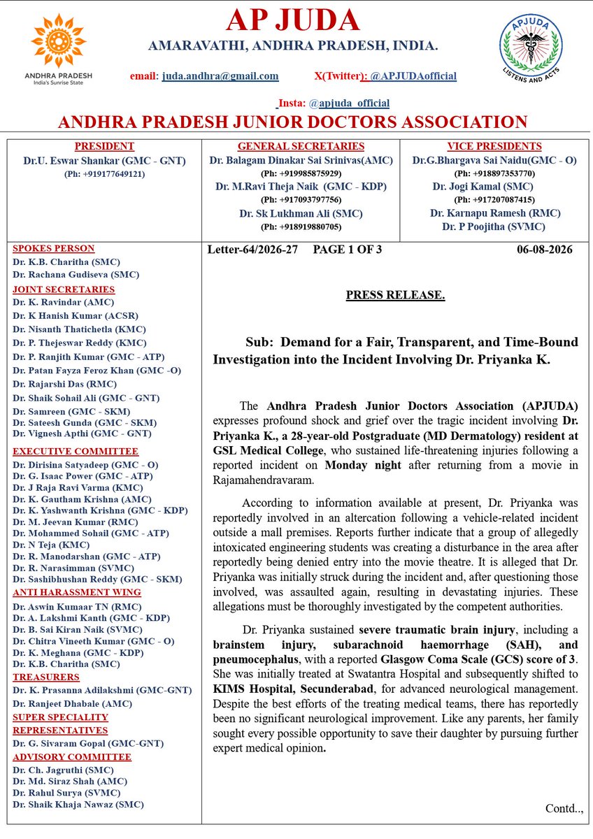 APJUDAOfficial's tweet photo. OFFICIAL PRESS RELEASE📢

APJUDA stands in firm solidarity with Dr. Priyanka K. We demand an immediate, transparent, and time-bound investigation into this tragic incident. 

We request @PurandeswariBJP Garu & @Adireddy_Vasu Garu to look into the matter.

Justice delayed is justice denied!!!

@etvandhraprades @NtvTeluguLive
@tv5newsnow @TV9Telugu
@abntelugutv 
@ndtvindia @TimesNow @CNN
@republic @ANI @PTI

#JusticeForDrPriyanka 
#APJUDA 
#DoctorSafety 
#AndhraPradesh