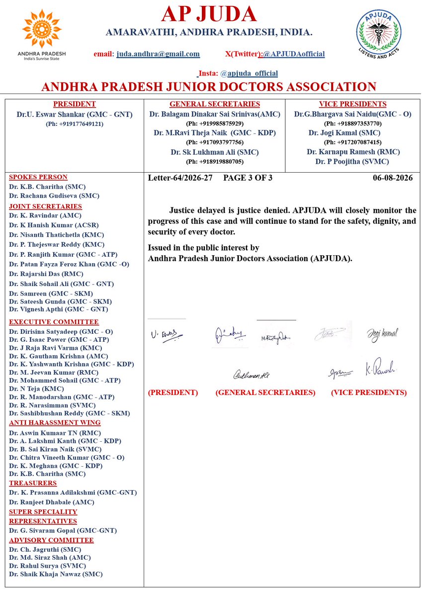 APJUDAOfficial's tweet photo. OFFICIAL PRESS RELEASE📢

APJUDA stands in firm solidarity with Dr. Priyanka K. We demand an immediate, transparent, and time-bound investigation into this tragic incident. 

We request @PurandeswariBJP Garu & @Adireddy_Vasu Garu to look into the matter.

Justice delayed is justice denied!!!

@etvandhraprades @NtvTeluguLive
@tv5newsnow @TV9Telugu
@abntelugutv 
@ndtvindia @TimesNow @CNN
@republic @ANI @PTI

#JusticeForDrPriyanka 
#APJUDA 
#DoctorSafety 
#AndhraPradesh