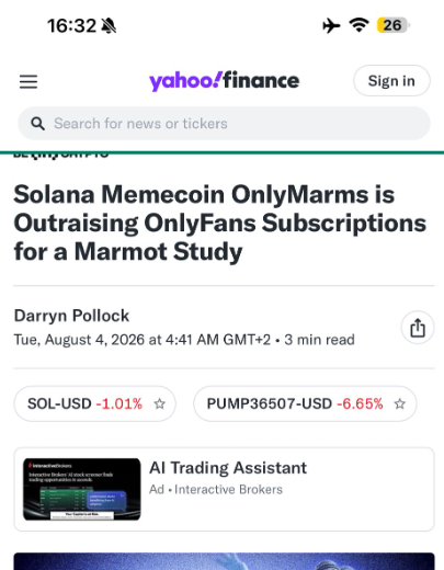 jackduval's tweet photo. Yahoo Finance has just posted an article about $OnlyMarms and how it's not only helping raise substantial funding for scientific research toward marmot preservation

but also how this coin is raising significantly more funds for the organization compared to onlyfans (which is what made this story initially viral)

biggest layup of all time for @Pumpfun @json1444 @a1lon9 

this is what creator fees were meant for