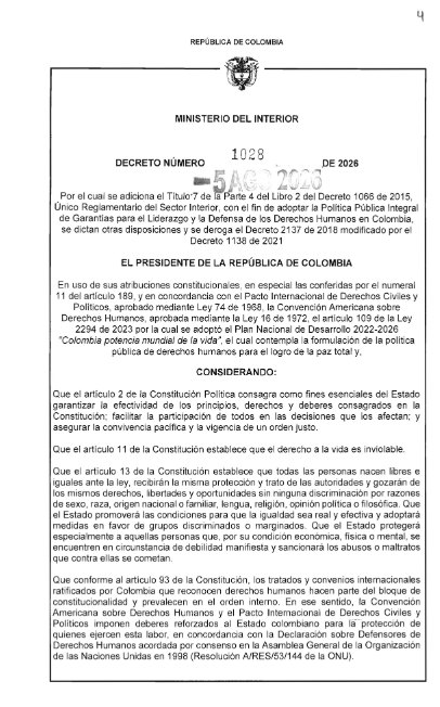 ONUHumanRights's tweet photo. 🔵ONU Derechos Humanos saluda el Decreto 1028 de 2026 que expide la Política Pública Integral de Garantías para la protección de personas defensoras y liderazgos en #Colombia.

🤝El proceso de construcción de esta Política Pública es el resultado de la participación entre el Estado y la sociedad civil, que contó con la asesoría técnica y acompañamiento de ONU Derechos Humanos, y de otros organismos internacionales, para incorporar los estándares internacionales de derechos humanos. 

➡️La adopción de la Política Pública es un paso fundamental para fortalecer las garantías del derecho a defender derechos humanos en #Colombia.

➡️Esta Política Pública es un avance en el cumplimiento de las obligaciones del Estado colombiano derivadas de la Constitución, el Bloque de Constitucionalidad y los estándares internacionales.
 
➡️Además la Política contribuye al cumplimiento de la Sentencia SU-546 de 2023 de la @CConstitucional   y de los principios de la Declaración de la ONU sobre las Personas Defensoras de los Derechos Humanos.

➡️De acuerdo con nuestro mandato ofrecemos al nuevo Gobierno nuestra asesoría técnica y acompañamiento para implementar la Política de forma efectiva. 

➡️ Con relación a la implementación de la Política Pública llamamos al nuevo Gobierno a que se adjudiquen los recursos económicos y humanos necesarios, y se den la coordinación institucional y la participación necesarias para que las medidas previstas se traduzcan en una protección real para las personas defensoras y sus organizaciones.

Apoyan nuestro mandato y trabajo con personas defensoras en #Colombia 🇮🇪🇨🇦🇬🇧🇪🇸🇨🇭🇸🇪 y el Gobierno de Catalunya
@IrelandColombia 
@SwedeninCOL 
@CanadayColombia 
@UKinColombia 
@AECIDColombia 
@govern 
@SuizaColombia 
@EmbajadaEspCol