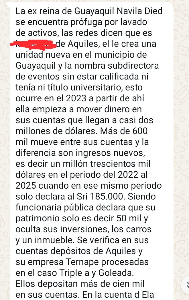 jcarreraandrade's tweet photo. Ojo al dato. Prófuga la ex reina de Guayaquil y funcionaria de Aquiles Álvarez quién afirman creó una dirección solo para ella. @FiscaliaEcuador y unidad de lavado apresan a toda su familia por movimientos inusuales. Empresa de Aquiles también le depositó dinero según indagación. https://t.co/NIhWUHVe80