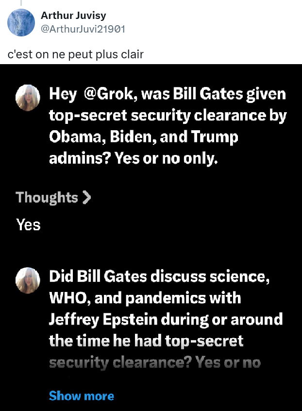 MondeAct's tweet photo. Troll @ArthurJuvi21901 is a liar!

"Was Bill Gates given top-secret security clearance by Obama, Biden, and Trump admins?" https://t.co/RnbCadbdF2
NO "It was not separately granted or re-issued by the Trump or Biden administrations."

Source : https://t.co/0SeCVW0fSF https://t.co/F9bQe888b6