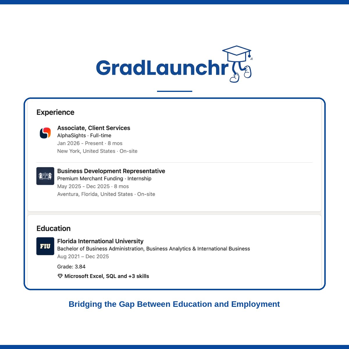 GradLaunchr's tweet photo. 🎓 GradLaunchr Alumni Spotlight

👤 Santiago Anda
🏫 Florida International University | @FIU 
💼 Associate Client Services at AlphaSights 
📍 New York City

🚀 Comment "BRAND" to get your professional resume and LinkedIn built for FREE. https://t.co/Y1J8e783qt