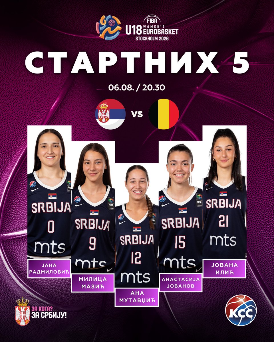 KSSrbije's tweet photo. Стартних 5 женске У18 репрезентације 🇷🇸 на утакмици четвртфинала Европског првенства за јуниорке против Белгије!

Уколико желите да гледате уживо утакмицу У18 репрезентације Србије против Белгије на званичном Јутјуб каналу ФИБА. Линк за пренос: https://t.co/KhXBl62BKi https://t.co/lYR6IC9Xt2