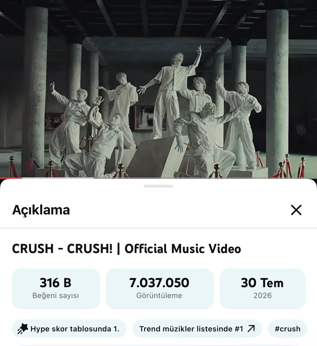 idilgibi's tweet photo. crush bugün hem 7m izlenmeye ulaştı hem de spotifyda yeniden BİRİNCİ oldu o zaman DANS ET DANS EEEETTTT #CRUSH7M https://t.co/AM9QQWN4Mv